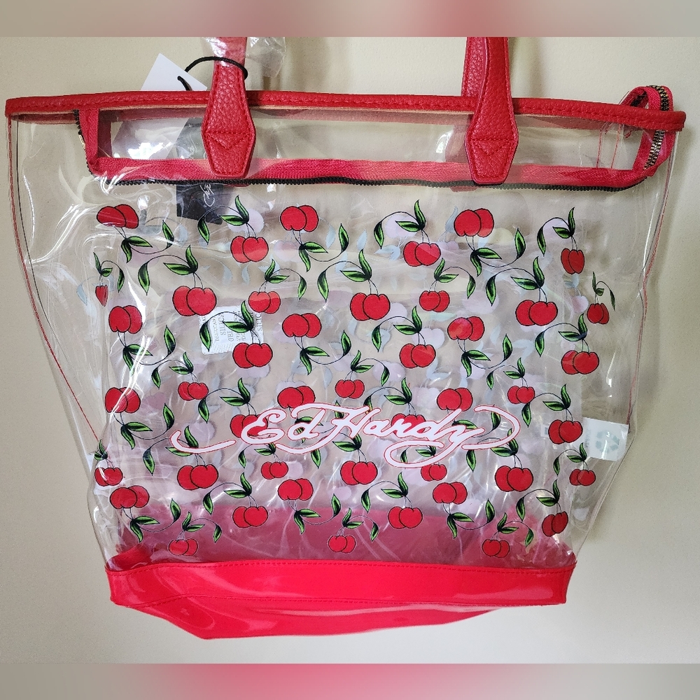 NWT Ed Hardy Red Cherries Clear Tote Bag - Picture 2 of 7